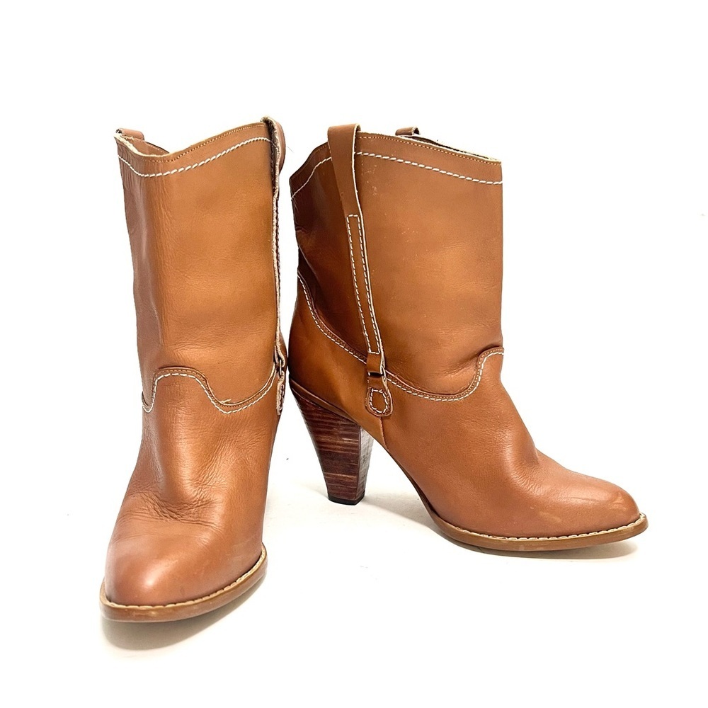 Vintage 1970s tan leather wooden stacked heel western pull on ankle boots - Picture 4 of 9